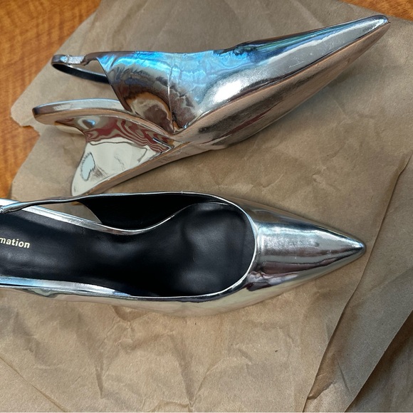 USED Reformation Metallic Silver Chrome Slingback Heels - Picture 2 of 8